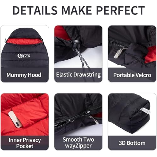 0 Degree Down Sleeping Bag for Adults,Cold Weather Backpacking | 650 Fill Power Down, 4-Season Use, Large Lightweight Compact Carry, Camping Hiking Backpacking - color: 500g-Black