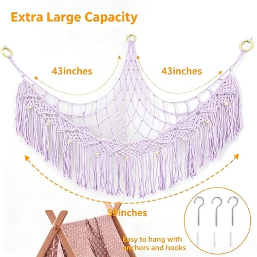 Stuffed Animal Hammock, Net for Stuffed Animals Corner Large, Toy Storage Hammock Plushie Net for Boho Kids Room Nursery Playroom - color: Purple