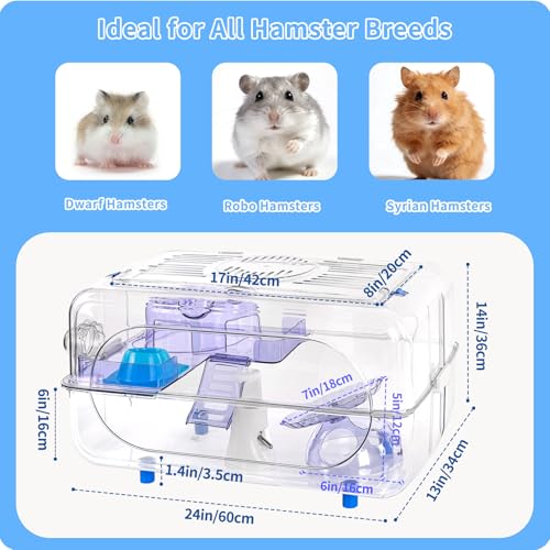 Large Hamster Cage Kit 24x13x14in for Syrian Hamsters & Dwarf Hamsters | with Deepened Base 6″H, Large Platform, Exercise Wheel, 2 Hide-Houses, Water Bottle, Food Bowl, Ladder, Tube Port