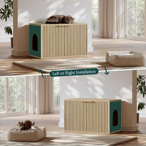 Evermagin 31.5" Cat Litter Box Enclosure Furniture | Oak Hidden Litter Box Cabinet, Modern Indoor Cat House, Fluted Kitty End Table for Living Room, Bedroom, Entryway - color: Oak