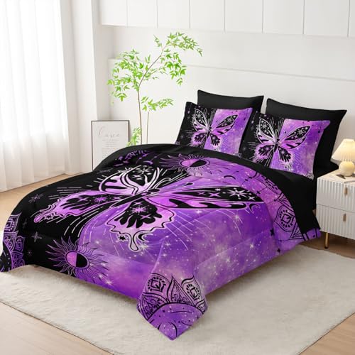 7Pcs Animals Comforter Set Black Purple Butterfly Printed Bedding Set with 1 Comforter, 1 Flat Sheet, 1 Fitted Sheet and 4 Pillowcases for Boys and Girls Bedroom (Butterfly-3 King - color: Butterfly-3, size: King 102x91inches