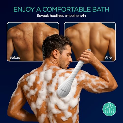 VOYOR Electric Silicone Body Scrubber, Back Brush for Shower Rechargeable | Waterproof Long Handle Body Brush, Power Bath Brush for Cleansing, Exfoliating, Massaging Skin Back Scrubber BC100, Blue - color: Blue