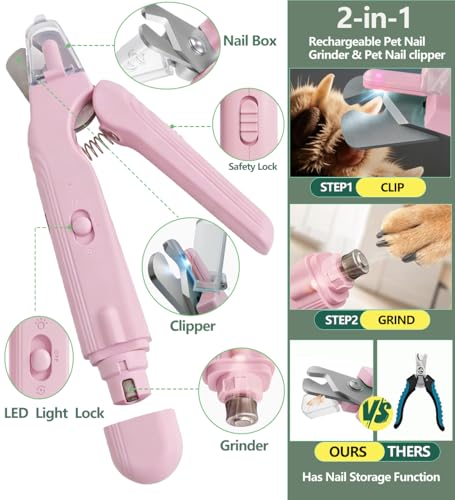 2-in-1 Dog Nail Grinder & Clippers with Dual LED Lights, Electric Pet Nail Trimmer with Safety Guard, USB-C Rechargeable Grooming Tool for Cats and Dogs of All Sizes Pink - color: pink