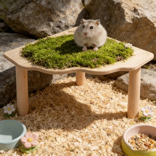 2-Piece Wooden Play Platform Set for Dwarf Syrian Hamsters Gerbils Mice Degus | Natural Pine Hamster Cage Accessories for Small Pets Climbing Resting and Hiding (1 Pack)