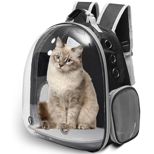 Vivicreate Large Cat Backpack Carrier for Travel and Hiking Transparent Pet Bubble Backpack for Cats up to 20lbs with Ventilation and Padded Straps Mochila para Gatos transportadora mascotas (Black)