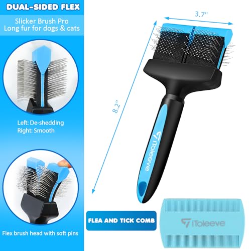 iToleeve Dual Flexible Head Slicker Brush, Round Tipped Pins, Double Sided | For Dogs and Cats, Grooming Tool Removes Loose Undercoat, Helps Reduce Shedding, and Detangles Knots and Tangles