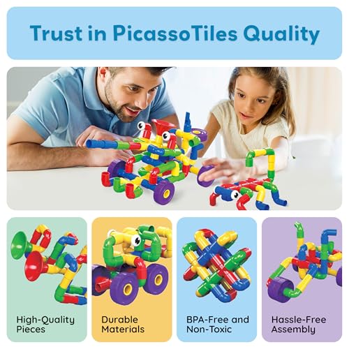 PicassoTiles PTT136 136pcs Tubular Pipes & Spout STEAM Interlocking Educational Building Block Set, Tube Locks, Pipeworks Construction Blocks w/Storage Container Box, Idea Book, Flute Musical Kit | 7 tube styles, easy-connect joints, idea guide, storage c
