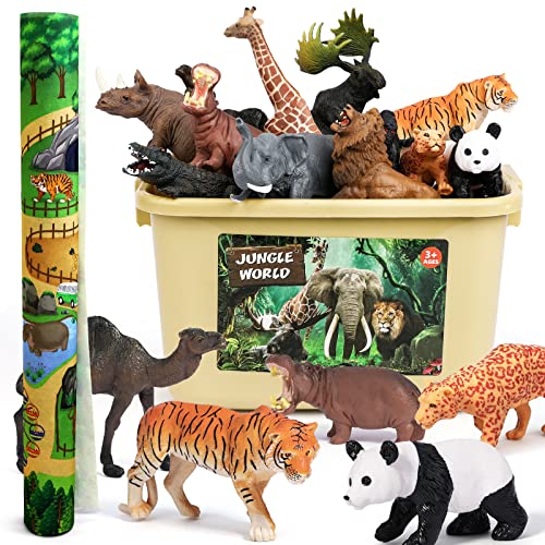 FRUSE Safari Animals Figures Toys with 57”x38.5” Play Mat for Toddlers 3-5 | 12 PCS Jungle Wild Zoo Animals Figurines, Storage Box, Tiger, Lion, Elephant, Toddler Learning Toys, Gifts for Kids 3 4 5 6 7