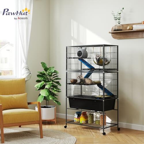 PawHut 59" 5-Level Small Animal Cage, Rolling Ferret Chinchilla Cage with Slide Out 6.3" Deep Tray, Non-Slip Cloth Covered Ramps, Hammock, for Rabbits, Pet Mink, Squirrel, Dark Gray | Ferret Chinchilla Cage, Slide Out 6.3" Deep Tray, Non-Slip Cloth Covere