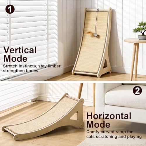 Sisal Cat Scratcher, Cat Scratching Board with Mouse Toy | 24” Wooden Ramp, Vertical and Horizontal Use for Wall and Floor, Easy Assembly, Climb and Scratch Fun, Protects Furniture