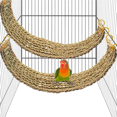 kathson 2 Pcs 29.5 x 7 Inches Large Bird Seagrass Mat, Bird Hammock for cage，Bird Seagrass Woven net，Climbing Rope Ladder with Hooks, Chew Toys for Pigeon Cockatiel Conure Budgie Cockatoo Rat Hamster
