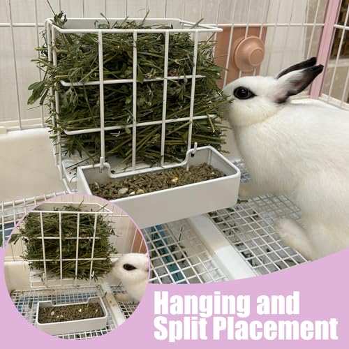 Rabbit Hay Feeder Guinea Pig Hay Feeder, Hay and Food Holder with Hook Heavy-Duty Metal Frame Hay Rack，for Bunny, Guinea Pigs,Chinchillas， Comes with Two Multifunctional Zippers-6.8x6.7x6.6inch - color: White, size: 1 piece Small