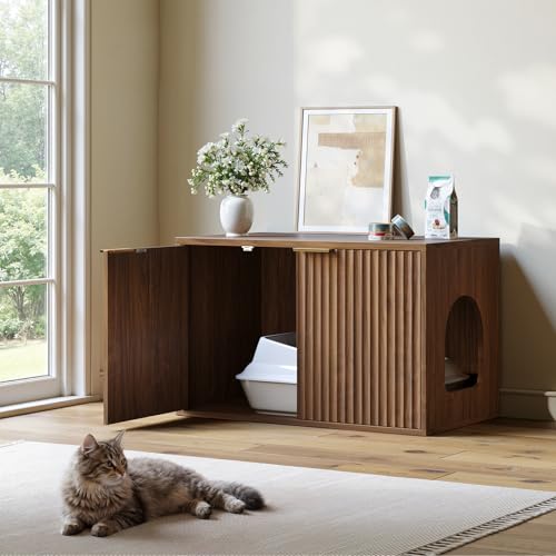 Evermagin 31.5" Cat Litter Box Enclosure Furniture, Walnut | Hidden Litter Box Cabinet, Modern Indoor Cat House, Fluted Kitty End Table for Living Room, Bedroom, Entryway - color: Walnut