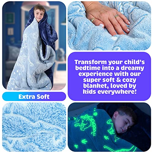 Kids Sleeping Bag for Boys & Girls - Glow in The Dark for Ages 3+, Large With Pillow Pocket, Extra Soft Toddler Blanket (66" x 33") - color: Blue - Dinosaurs