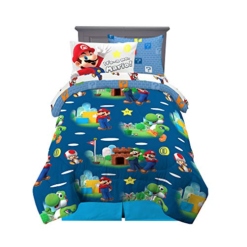 Super Mario Kids Bedding Set, Twin Size 5 Piece Comforter and Sheet Set with Sham, (Officially Licensed Product) by Franco - color: Mario, size: 5 Piece Twin Size