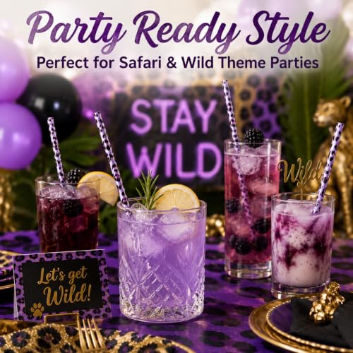 10 Pcs Reusable Brown Leopard Straws Long Straws with Cleaning Brushes | Plastic Cheetah Animal Straws Brown Leopard Print Drinking Straws for Tumblers Cups Safari Wild Favors Birthday Party Supply - color: Purple