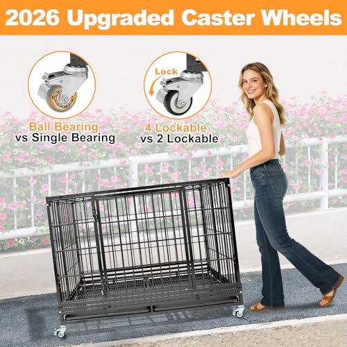 Homey Pet Stackable Heavy Duty Large Dog Crate Cage Kennel for Large Dogs | 47 Inch Black Solid Indestructible Kennel with Lockable Wheels, Double Door, Removable Dual Trays, Escape Proof Auto Locks - size: 46.5"L x 28.5"W x 35.0"H