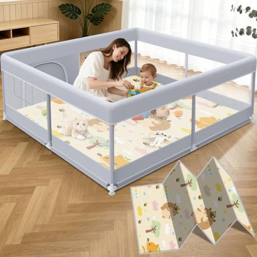 XVISHX Baby Playpen with Mat, 50 x 50 Inch Play Pen Playards, Playpen for Babies and Toddlers, Baby Playard for Indoor & Outdoor Active Center Game Fence, Skin-Friendly Fabric and Soft Breathable Mesh - color: Grey, size: 50 × 50 Inch + Mat
