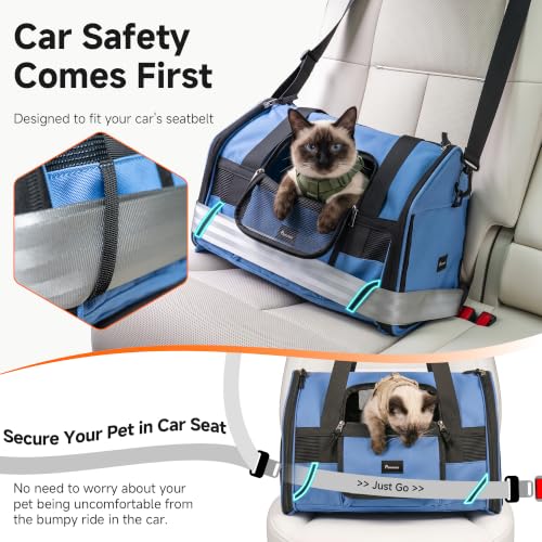 Cat Carrier Soft with Safety Buckles, Lockable Zippers, Safe for Car Travel | Escape-Proof, Safety Tether, Collapsible Pet Carrier for Car Rides & Vet Visits, Airline Approved Underseat, Up to 12lbs - color: Blue
