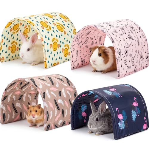 BreezeHug 4 Pcs Guinea Pig Tunnel Foldable Rabbit Hideout Washable and Soft Bunny Hide House Ferret Tunnel Toys Cage Accessories for Small Animal Hamster Hedgehogs Chinchilla (Cute Pattern) - style: Cute Pattern