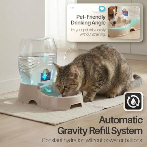 Flexzion Gravity Pet Water Dispenser for Cats & Small Dogs, 1/4 Gal Beige | Automatic Cat and Dog Waterer with 900 Ml Reservoir, Non-Skid Feet, Recessed Carry Handle, and Easy-Clean Pp Bowl - color: Beige, size: 1.5 L