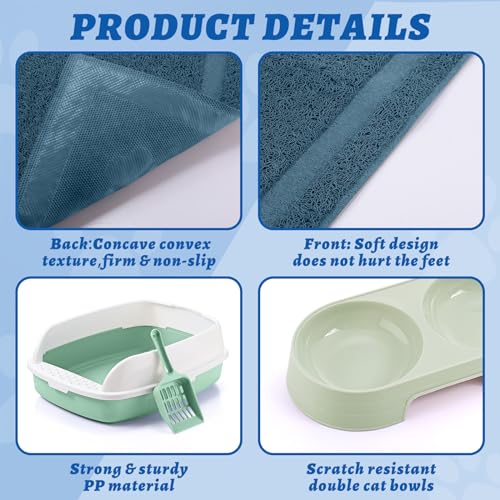 Sliner 7 Pcs Kitten Litter Box Starter Kit, 2 Plastic Small Kitty Litter Box Training Low Entry with Scoop, 2 Double Cat Bowl and Mat for Kitten Indoor(Green) - color: Green