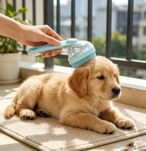 Pet Bath Brush 2 in 1 Cat Shampoo Grooming Massage Brush with Soap Dispenser Shower Scrubber Pet Shower Gromming Suitable for Long and Short Haired Dogs and Cats Gifts for Dog Lovers(Blue)