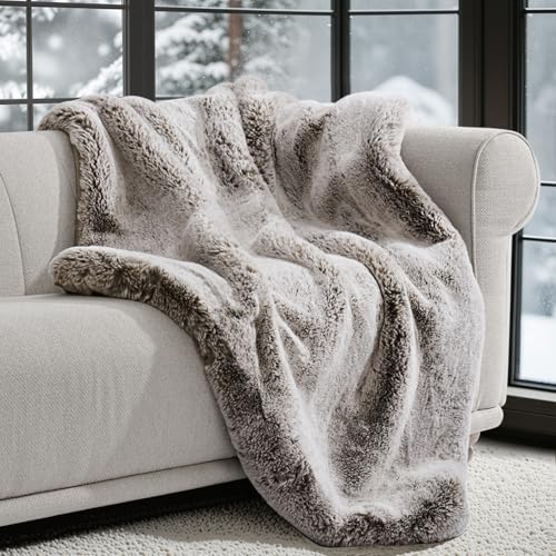 EVERGRACEHOME Faux Chinchilla Fur Throw Blanket, 50"x60", Champagne Fawn | Luxury, Super Soft, 1220GSM, Fluffy Cozy Mink, Reversible Velvet Back, Warm Thick Heavy Winter Throw for Couch Bed, Gift - color: Champagne Fawn, size: 50"x60"