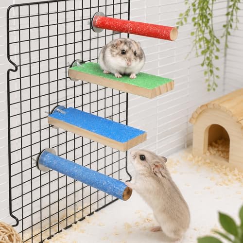 4 PCS Rat Climbing Toys Wood Hamster Climbing Cage Steps with Colorful Sand Sharpening Claws Platform, Sugar Glider Toys Sugar Glider Cage Accessories Small Animal Scratching Sandpaper for Cages