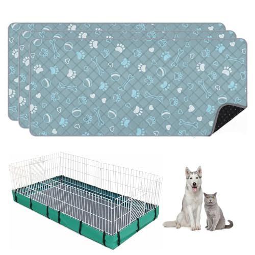 3 Packs Washable Guinea Pig Cage Liners with with Paw Print, Waterproof Guinea Pig Pee Pads Reusable Absorbent Bedding Anti Slip Mats for Small Animals Bunny Rabbit Hamster (Blue, 47 x 24in) - size: 47 x 24in / 3 Packs