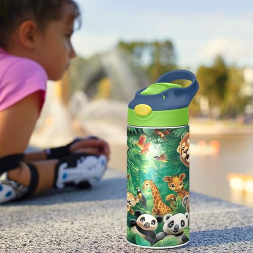 OTVEE Animal World Kids Water Bottle with Straw Lid 12 oz Insulated Stainless Steel Leakproof Duck Mouth Tumbler Cup for Boys Girls Teen School - color: Animal World