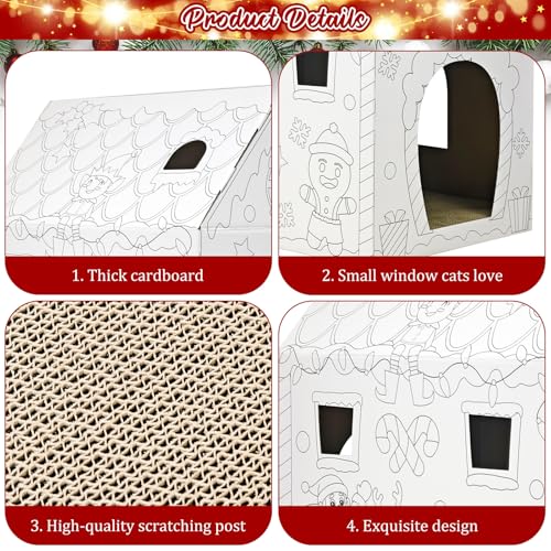 Cinrobiye Christmas Cardboard Cat House with Scratcher DIY Coloring Pet Gingerbread Board Bed Cave Playhouse Hideaway Hideout Condo Decor Animals Scratch Box for Indoor Cats Kittens Rabbits Bunny - color: White