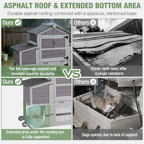 Mobile Chicken Coop with Wheels for 4-6 Chickens, Large Outdoor Hen House with Run, Weatherproof Asphalt Roof, Sectionable Nesting Box & Pull-Out Tray, 82.4" L x 25.8" W x 44.1" H - Grey - size: 82.4"L x 25.8"W x 44.1"H