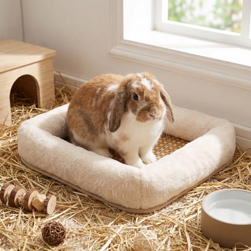 Rabbit Bed, Bunny Bed for Indoor Rabbits, Soft Faux Fur Small Animal Bed with Woven Grass Center Mat, Anti-Slip Bottom,Foldable Hand Washable Bunny Mat for Guinea Pigs,Chinchillas,Ferrets