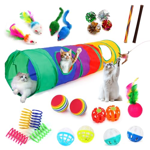 iCAGY 25 Pcs Cat Toys Set, Cat Tunnel Toy for Indoor Cats, Kittens | Interactive Variety Pack, 45" Rainbow Cat Tunnel, Feather Teaser, Feather Golf, Mice, Springs, Balls, Noise Toys - Colorful