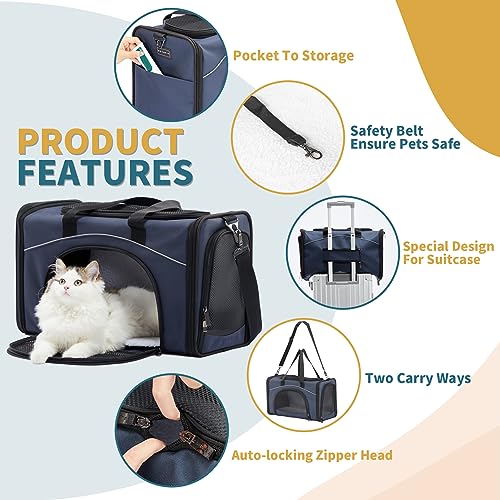 ‌Petsfit Airline Approved Pet Carrier for Small Cats, 15x8x10 TSA Approved Carrier, with Removable Dual-Sided Padding (2-Way Placement) - Fits Under Most Airplane Seats, Escape Proof (Navy) - color: Navy, size: 16.5"L x 8.6"W x 11.0"H
