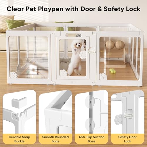 24“ Acrylic Clear Dog Play Pen Indoors 10 Panels, Puppy Playpen with Door for Small Dogs Puppies, Transparent Plastic Pet Playpen Cage Fence Crate Kennel for Cat Kitten Rabbit Bunny Ferret etc | 360° Visibility, Modern Look, Easy Wipe-Clean Surface, Scrat