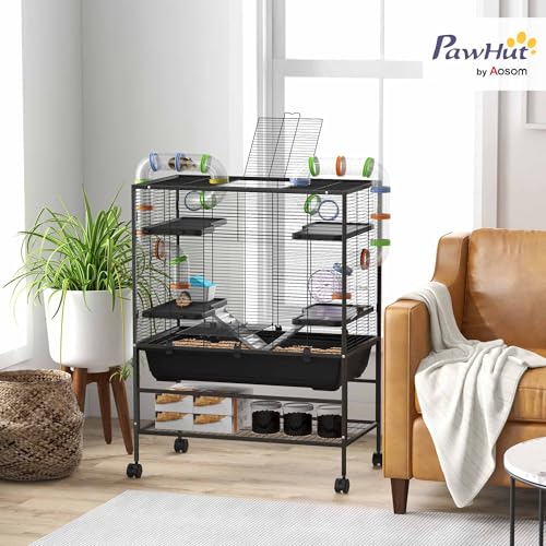 PawHut 32" Large Hamster Cage with Storage Shelf for Syrian Hamster, Tubes | Rat Cage, for Gerbils, Running Wheel, Food Dish, Water Bottle