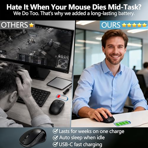 Bluetooth Ergonomic Mouse for MacBook & iPad, Built-In Jiggler, Black | Bluetooth 5.2/3.0 + 2.4G USB-C/USB-A, Silent Rechargeable Mice For Home Office, Study, Laptop, PC, Work, Travel, Students - color: Black