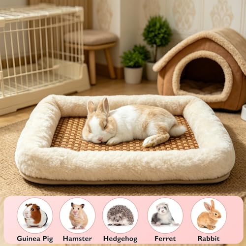 Rabbit Bed, Bunny Bed for Indoor Rabbits, Soft Faux Fur Small Animal Bed with Woven Grass Center Mat, Anti-Slip Bottom,Foldable Hand Washable Bunny Mat for Guinea Pigs,Chinchillas,Ferrets