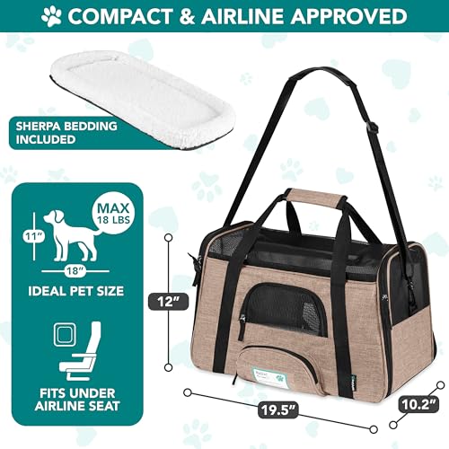 PetAmi Airline Approved Pet Carrier Cats & Small Dogs, Large Heather Taupe | Soft Sided TSA Travel Bag, Sherpa Bed, Breathable Mesh Ventilation, Collapsible Bowl, Fits Under Seat, Up to 18 lbs - color: Heather Taupe, size: Large - 19.5"L x 10.2"W x 12"H