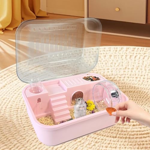 Hamiledyi Dwarf Hamster Cage Clear Plastic Small Hamster Cage Portable Carrier with Water Bottle Exercise Wheel Bathtub Box Set Toy for Dwarf Baby Hamster (Pink) - color: Pink