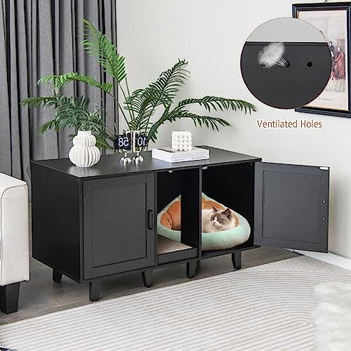 PETSITE Litter Box Enclosure for 2 Litter Boxes, Hidden Cat Washroom TV Stand End Table with 2 Cabinet, Scratching Board, Indoor Cat Litter Furniture, Patented - color: Black