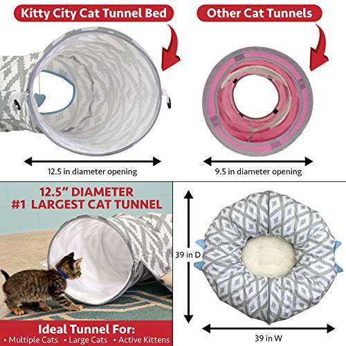 Kitty City Large Cat Tunnel Bed, 2-in-1 Zip-Together Cat Play Tunnel & Plush Nap Bed, Pop-Up Indoor Cat Toy with Hanging Toys, Collapsible Design - White - color: White