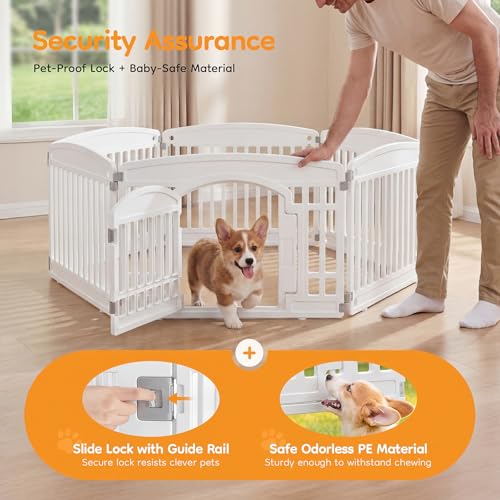 NEWBULIG Dog Playpen 6-Panel, 24IN Puppy Playpen, Stable Dog Play Pen Indoors/Outdoor with Secure Locking Door, Plastic Pet Fence for Small & Medium Dogs | Portable, Secure Locking Door, Indoor Outdoor Yard RV Camping, Small Medium Dogs, White - color: Wh