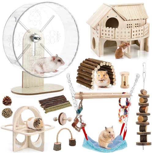 11 Pcs Hamster Cage Accessories Guinea Pig Toys Set, 9.5 Inch Silent Gerbil Wheel Wooden Hideout Chew Toys Bridges Tunnels for Dwarf Hamster Mouse