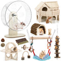 11 Pcs Hamster Cage Accessories Guinea Pig Toys Set, 9.5 Inch Silent Gerbil Wheel Wooden Hideout Chew Toys Bridges Tunnels for Dwarf Hamster Mouse