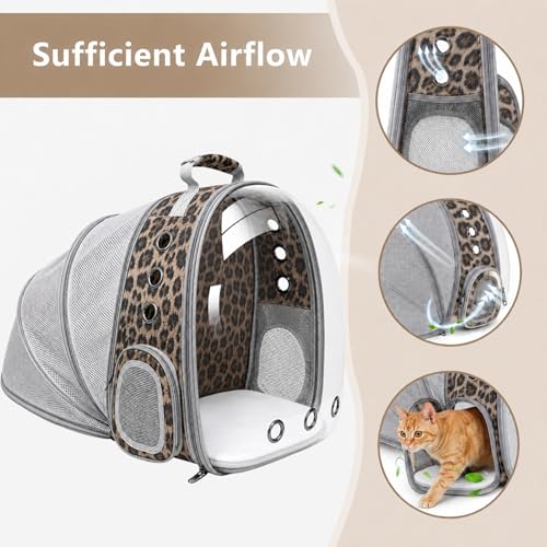 Expandable Cat Carrier Backpack with Bubble Window, Animal Print | Breathable mesh, anti-collapse frame, side door, safety leash and escape-resistant zippers for vet visits and outdoor travel. - color: Leopard Print