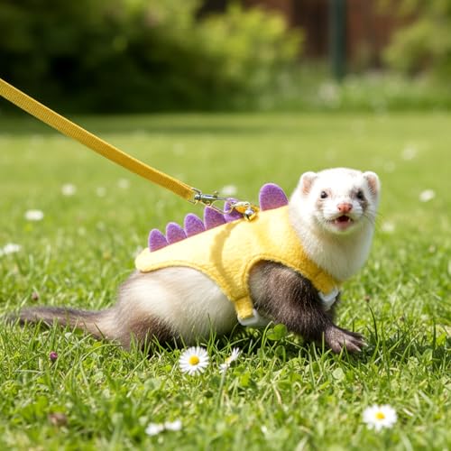 Ferret Harness and Leash Set Dinosaur Shaped Stuffed Animal Harness Adjustable Vest with Safe Bell for Baby Rabbit Guinea Pig Rat Hedgehog and Other Small Animals Yellow