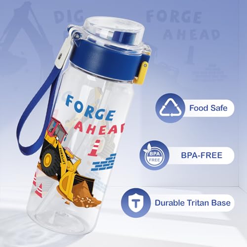 Tritan Kids Water Bottle for School, 18.6 Oz Leakproof Toddler Water Bottle | with a Pop-up Detachbale Straw, 2-in-1, Dishwasher Safe, 1-Pack, Construction Truck - color: Construction Truck